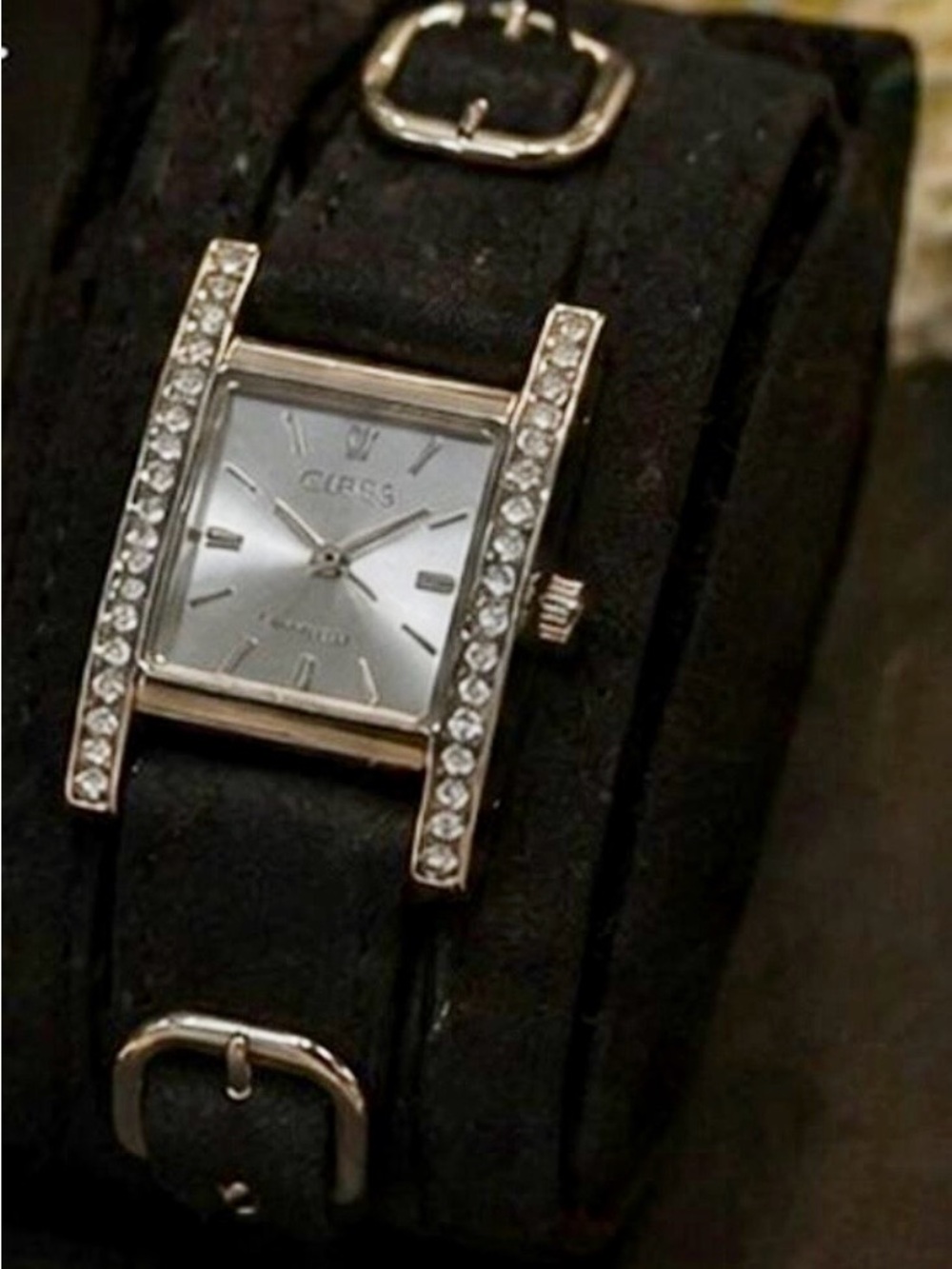 GUESS Black Leather Wrap Watch G66222L Suede Strap Crystal Square Face